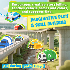 Zippytots imaginative play with colorful vehicles promotes early learning during tub adventures