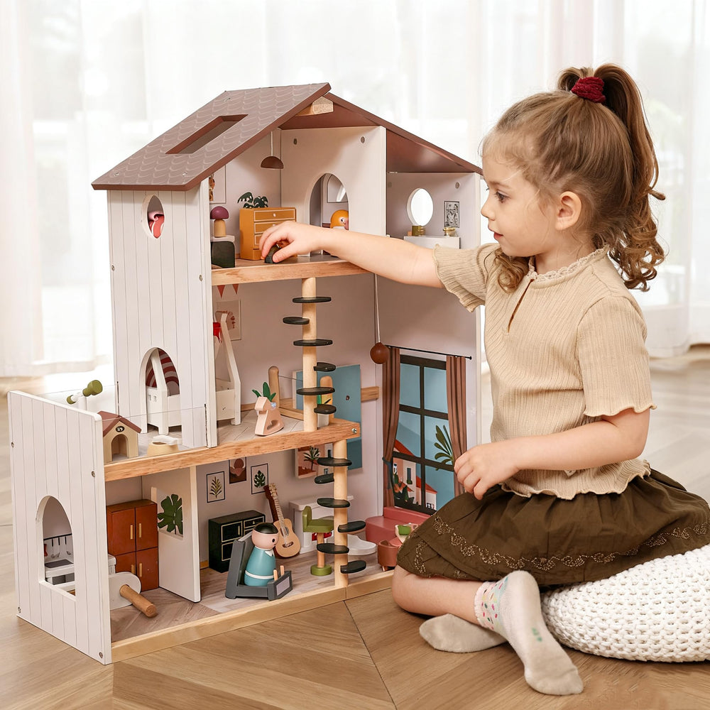 ZippyZebra wooden doll house with spiral staircase inspires imaginative play