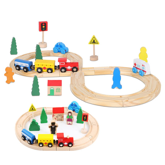 ZKKEIIE wooden train tracks arranged for imaginative play, helping kids develop fine motor skills and coordination.