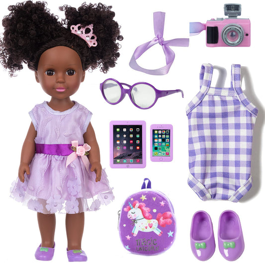 ZNTWEI 14.5-inch black doll with poseable limbs for imaginative play.