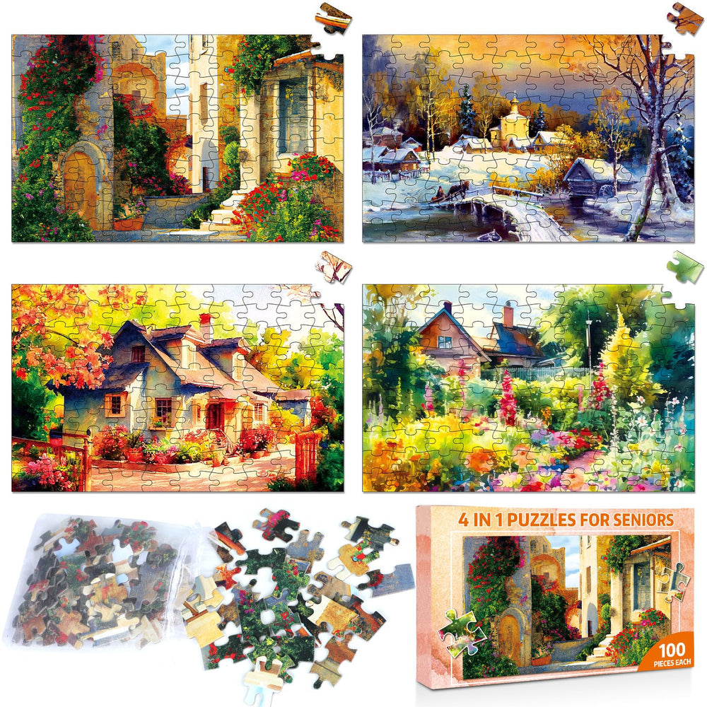 ZOIIWA dementia puzzles for seniors—country life landscapes, 4-pack and 100-piece set for family activities