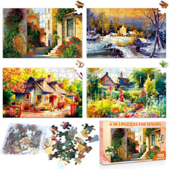ZOIIWA dementia puzzles for seniors—country life landscapes, 4-pack and 100-piece set for family activities