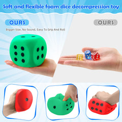 Zomiboo blue jumbo foam dice shown as party décor and group activity.