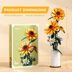 ZONECYTD Sunflower Bouquet Bricks showcase a vase-style centerpiece built from 821 blocks