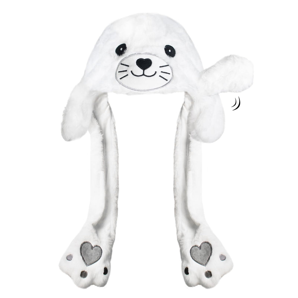 ZONESTA plush ear-moving hat paws action captures interactive, fun moment.