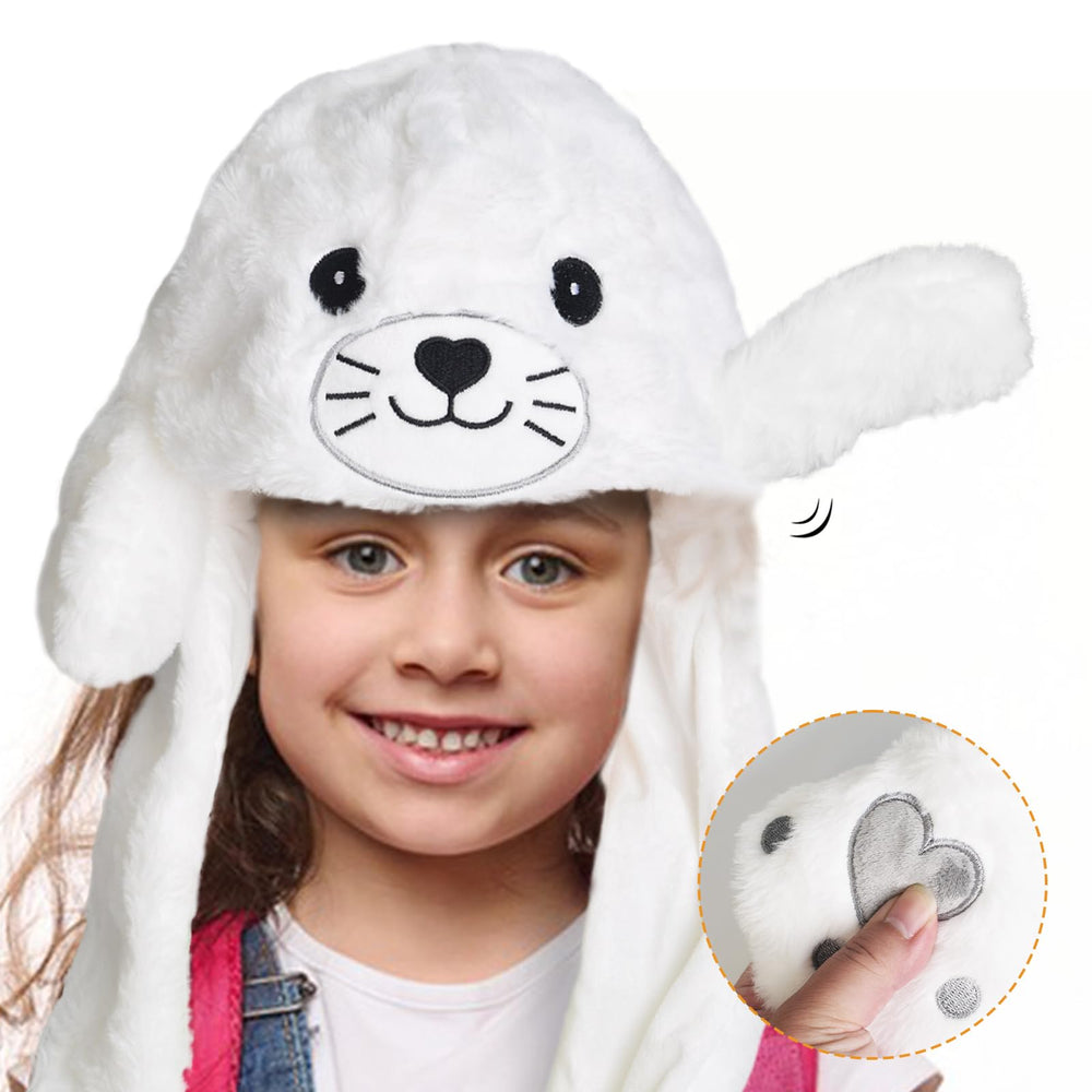 ZONESTA plush ear-moving hat soft texture close-up reveals plush material.