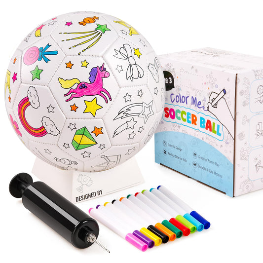 ZOOJOY unicorn-outline soccer ball for personalized coloring and imaginative play.