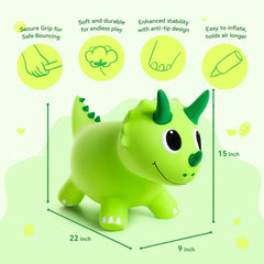 ZOOJOY dinosaur hopper image highlights inflation pump included for quick setup
