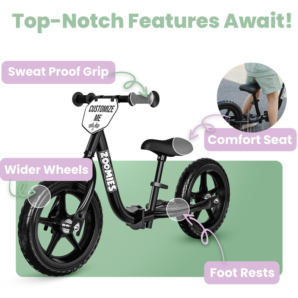 Zoomies balance bike footrests support relaxed riding on the rear.