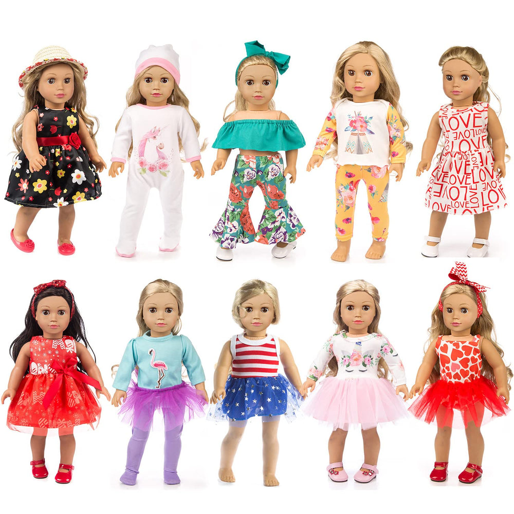 ZQDOLL 18in doll clothes set pack shows ten outfits for flexible play.