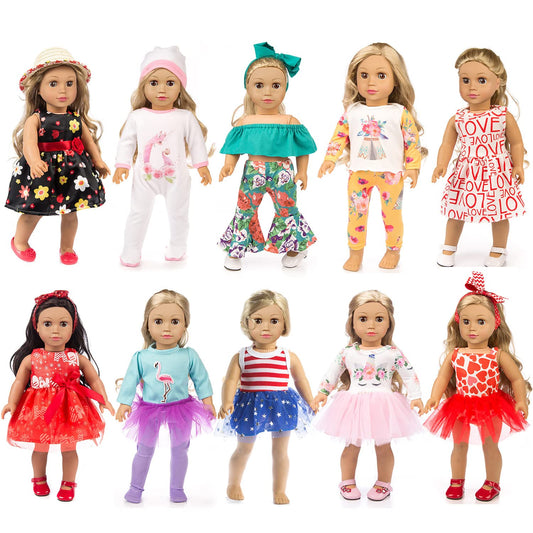 ZQDOLL 18in doll clothes set pack shows ten outfits for flexible play.