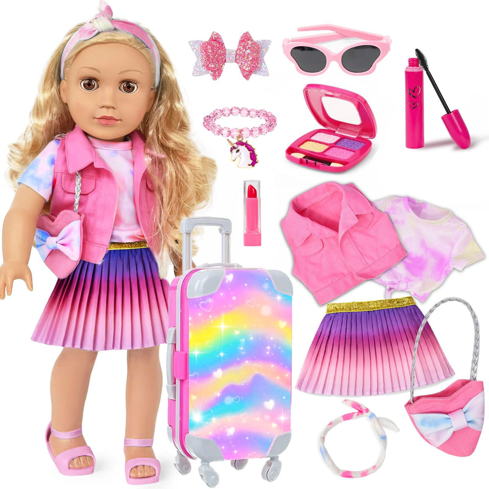 ZQDOLL 18-inch doll suitcase with adjustable handle for easy play transport.