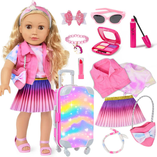 ZQDOLL 18-inch doll suitcase with adjustable handle for easy play transport.