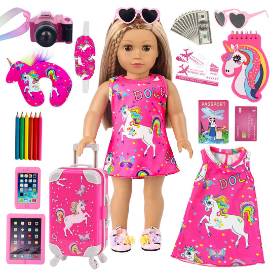 ZQDOLL American 18-inch doll travel suitcase open for easy organization of outfits.