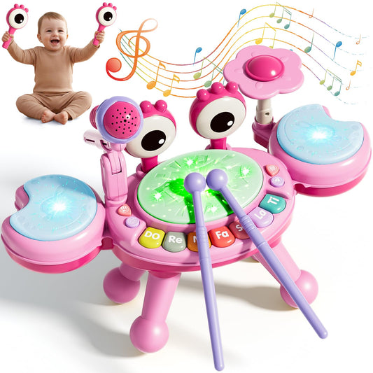 Zsinb pink toddler drum set front view with three pads and cymbal for early rhythm play