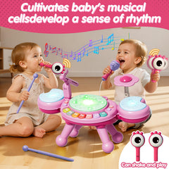 Zsinb pink drum set lights softly illuminate during tapping play