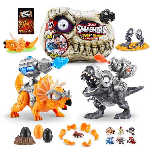 ZURU SMASHERS Dino Island T-Rex Battle with roaring figures for dynamic, imaginative play.