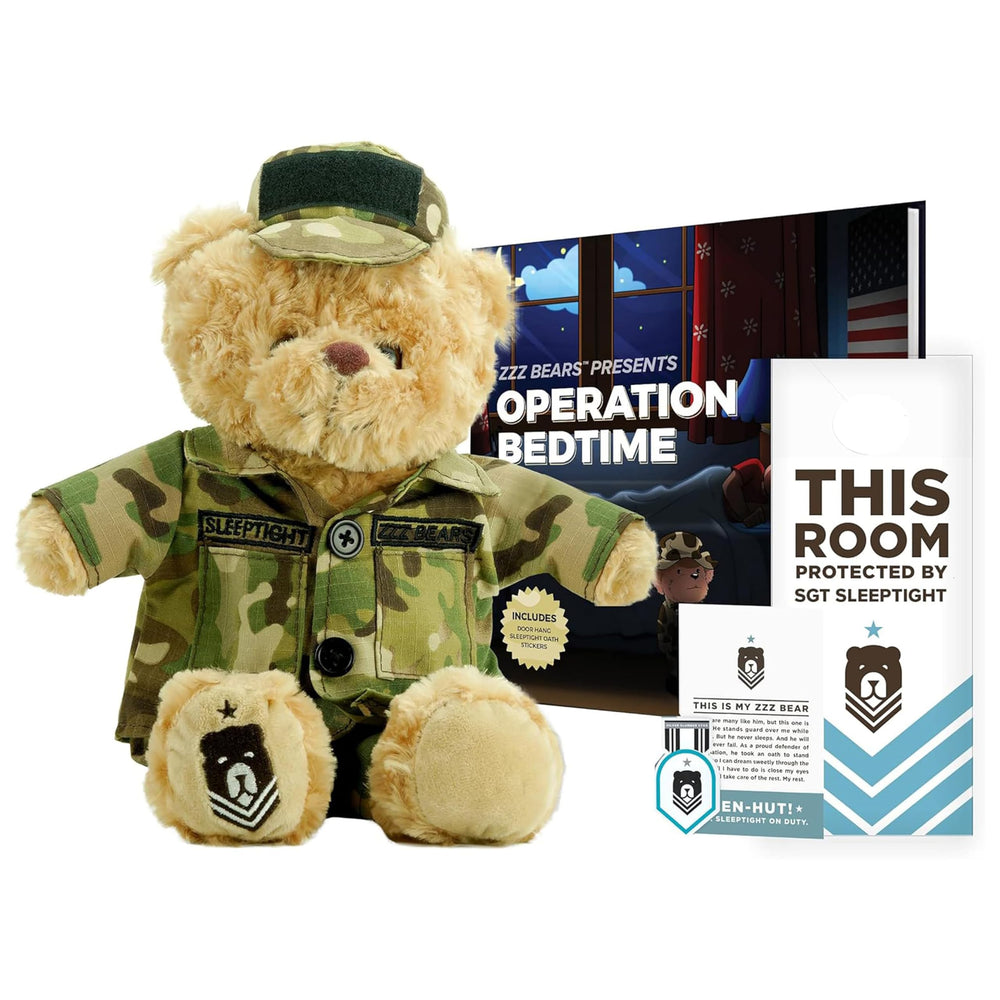 ZZZ Bears SGT Sleeptight Army Teddy Bear comforts kids at bedtime with a brave uniform