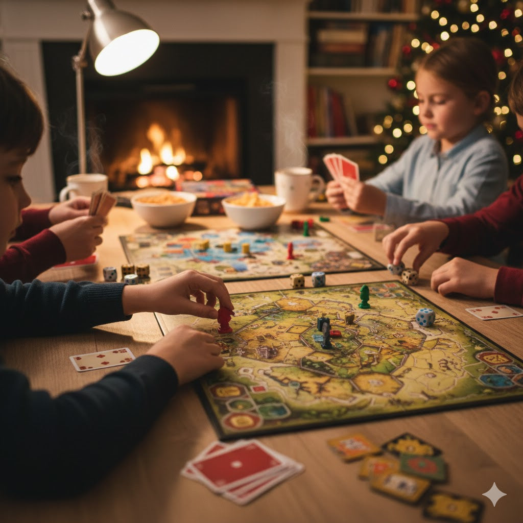 Family game night with board games creating meaningful indoor play and connection at home