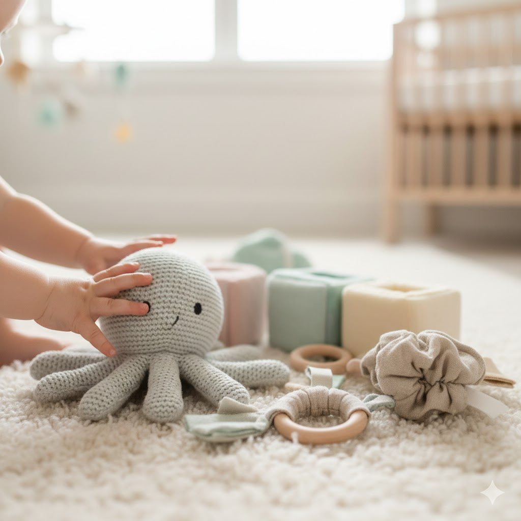 Baby exploring sensory play with soft textures and gentle toys supporting early brain development