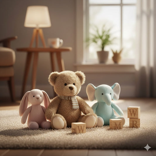 Child practicing emotional regulation through calming play with plush toys and soft animals