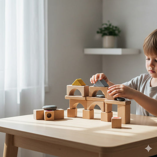 Child engaged in independent play with educational toys, building confidence and self-trust
