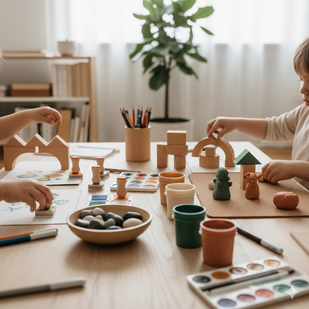 Child engaged in creative, pressure-free play with arts and crafts toys, exploring imagination