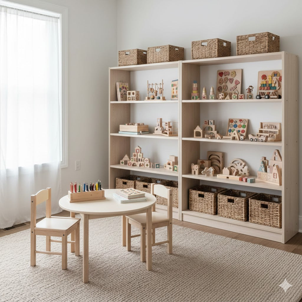 Child engaged in calm daily play routine, supporting emotional safety and structured learning