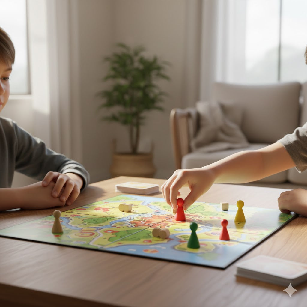 Children practicing patience and turn-taking through board games and cooperative play