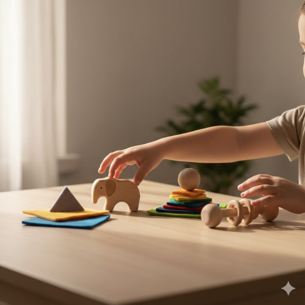 Child engaged in independent play with educational toys, developing independent thinking and confidence