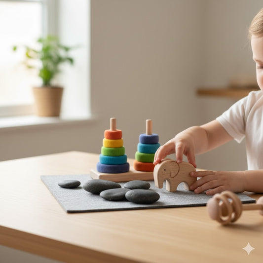 Child engaged in independent play with educational toys, building confidence and autonomy