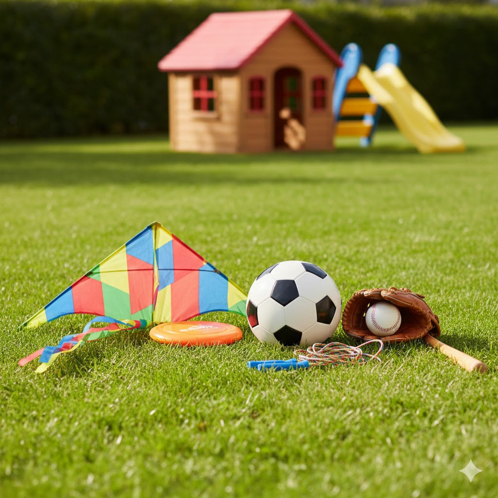 Children enjoying outdoor play in Canada with sports and ride-on toys in all seasons
