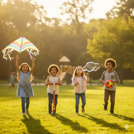 Children enjoying active outdoor play, supporting physical development and emotional well-being