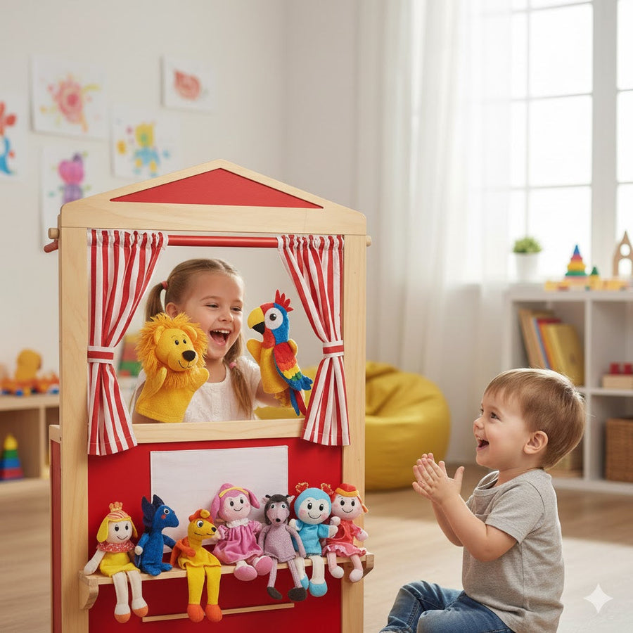 Kids playing with puppets and puppet theater