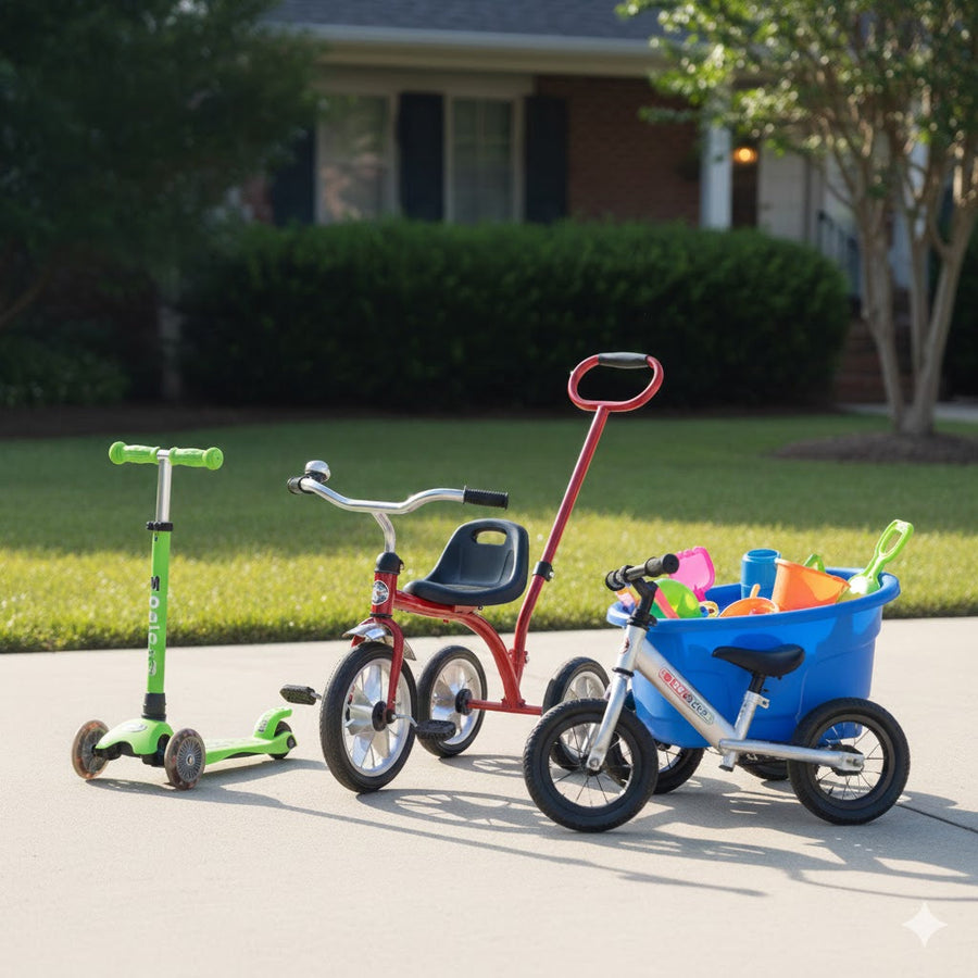 Kids riding tricycles scooters and wagons outdoors