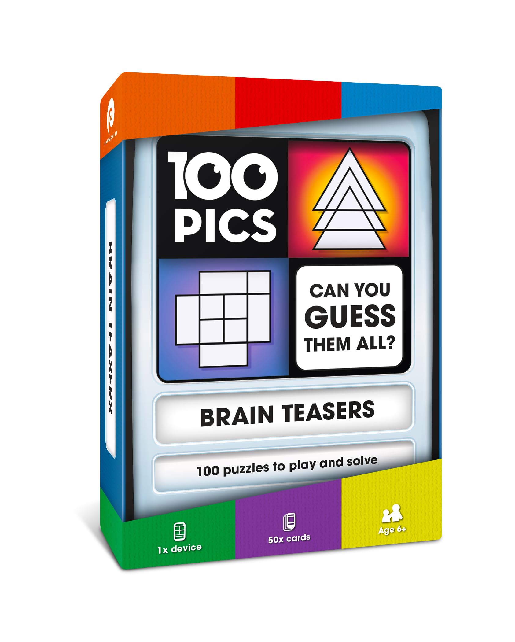 100 PICS Brain Teasers travel game case with slide reveal for on-the-go fun