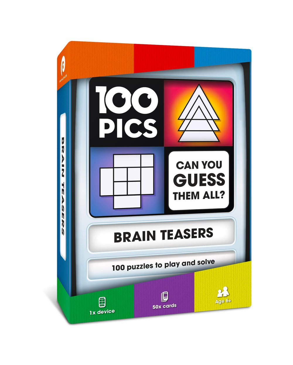 100 PICS Brain Teasers travel game case with slide reveal for on-the-go fun