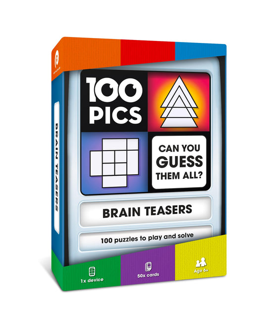 100 PICS Brain Teasers travel game case with slide reveal for on-the-go fun