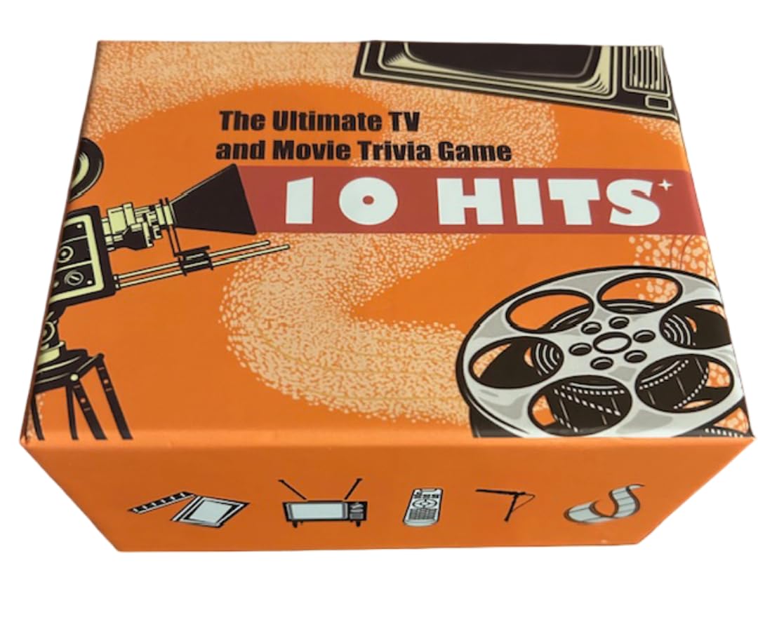10 Hits TV & Movies Trivia Card Game front cover, ideal for quick party setup.