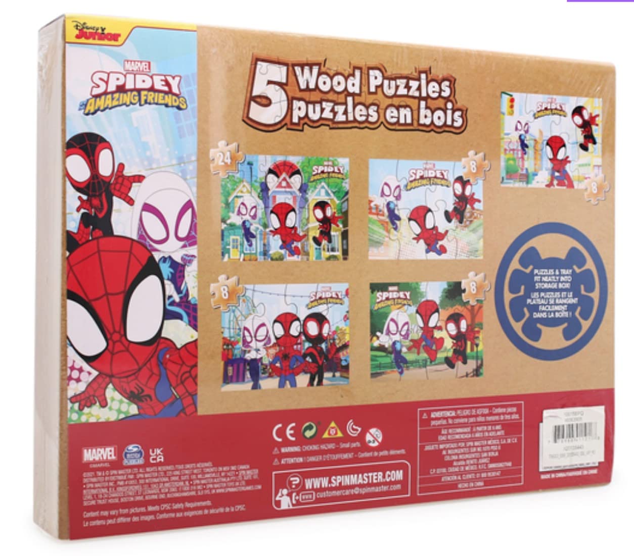 1616 Holdings Spidey Amazing Friends wood puzzle storage box ready for tidy playtime