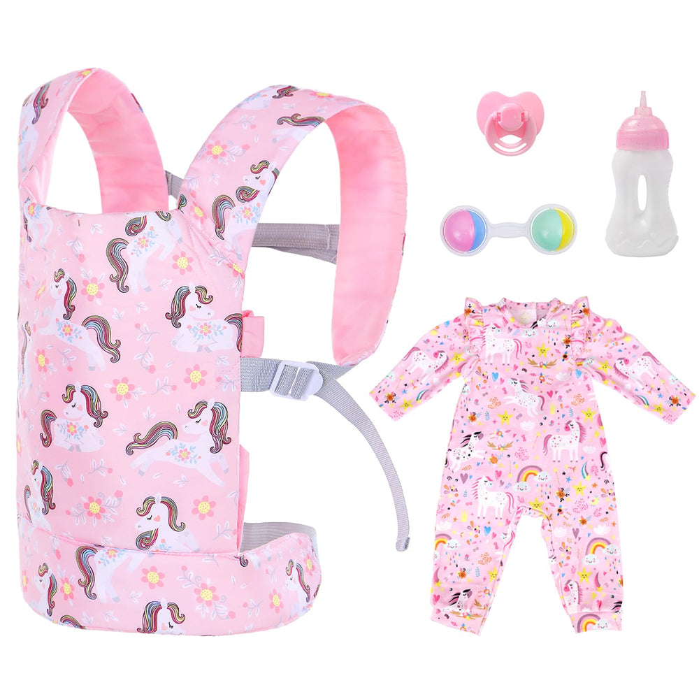 18INDC pink doll carrier front view with adjustable straps for secure play