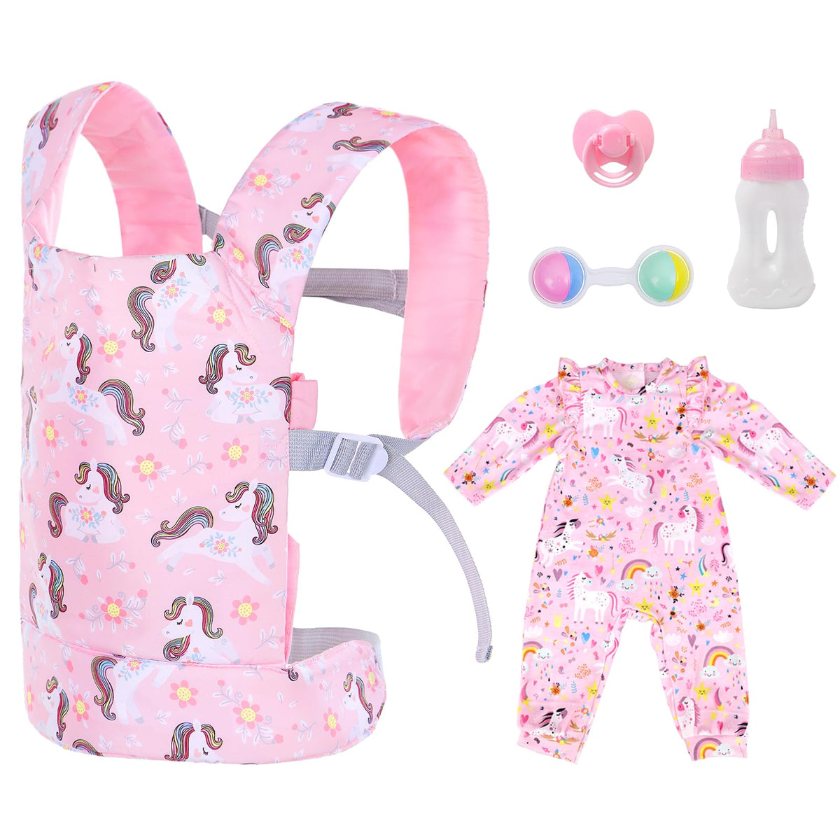 18INDC pink doll carrier front view with adjustable straps for secure play