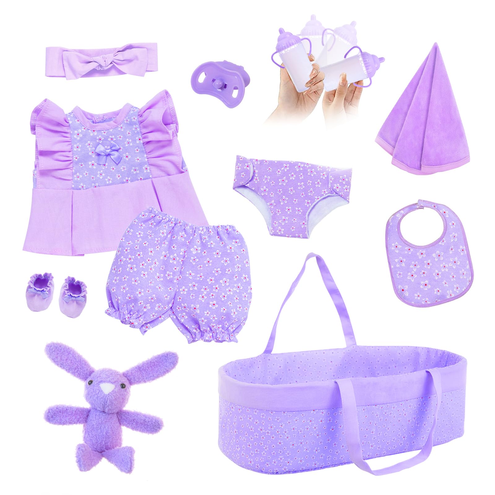 18INDC purple floral baby doll bassinet with accessories for cozy play and organization