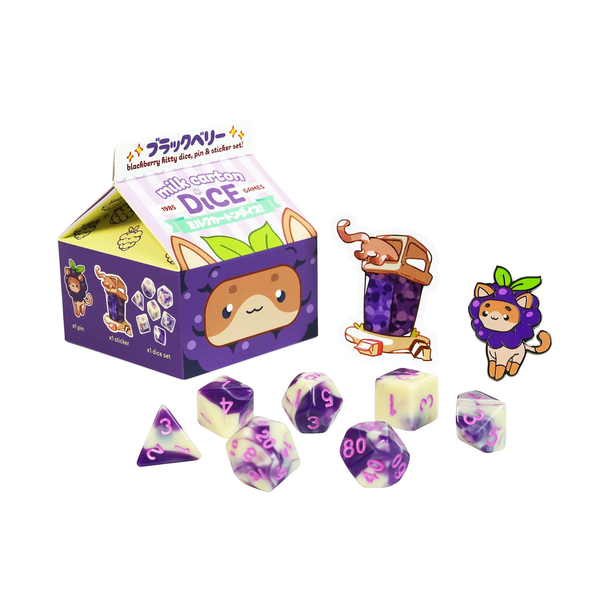 1985 Games BlackBerry Kawaii Cat dice set in milk carton packaging, perfect starter for DND sessions.