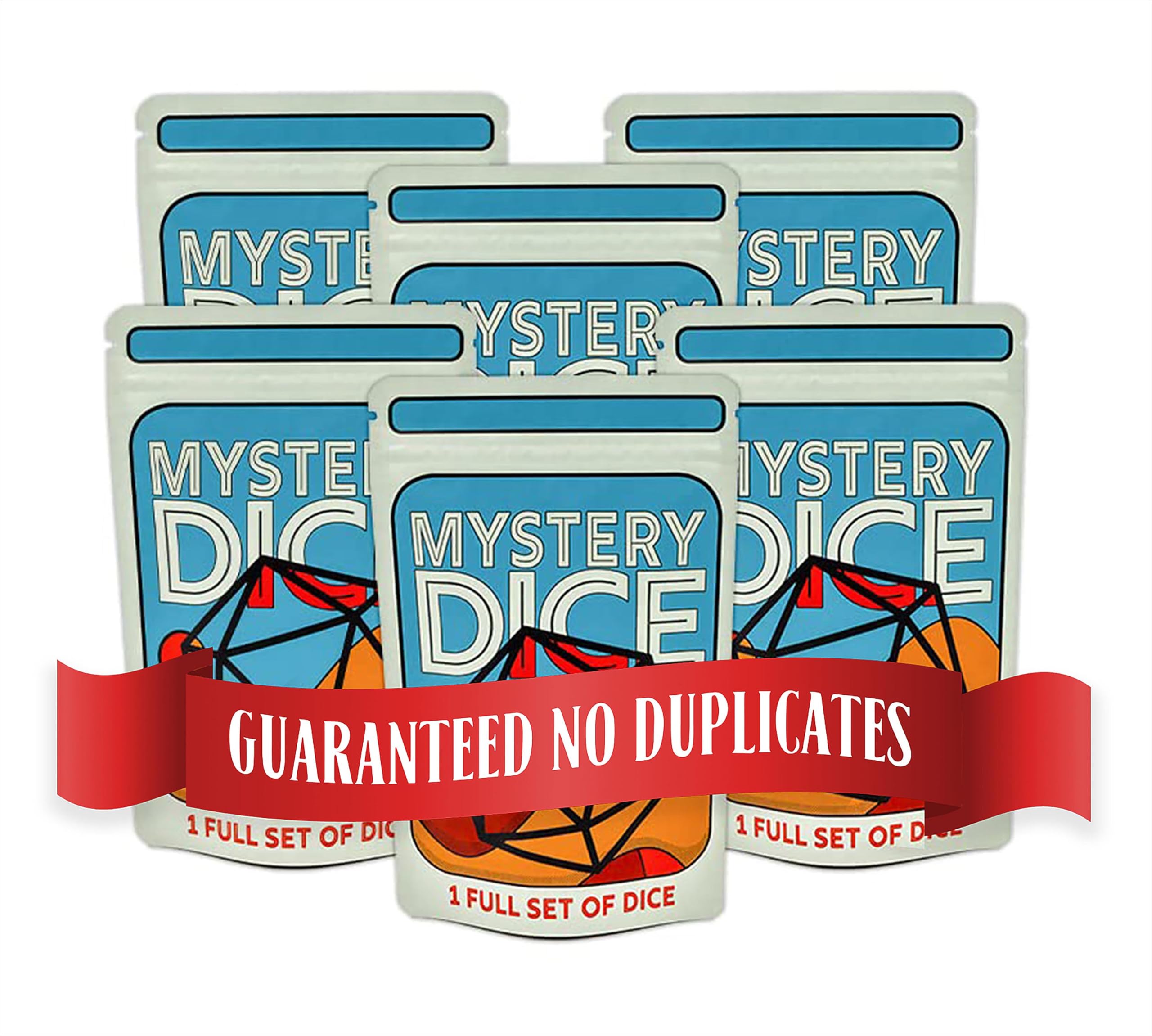1985 Games Mystery Dice seven-polyhedral set on table for RPG sessions