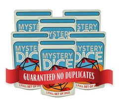 1985 Games Mystery Dice seven-polyhedral set on table for RPG sessions
