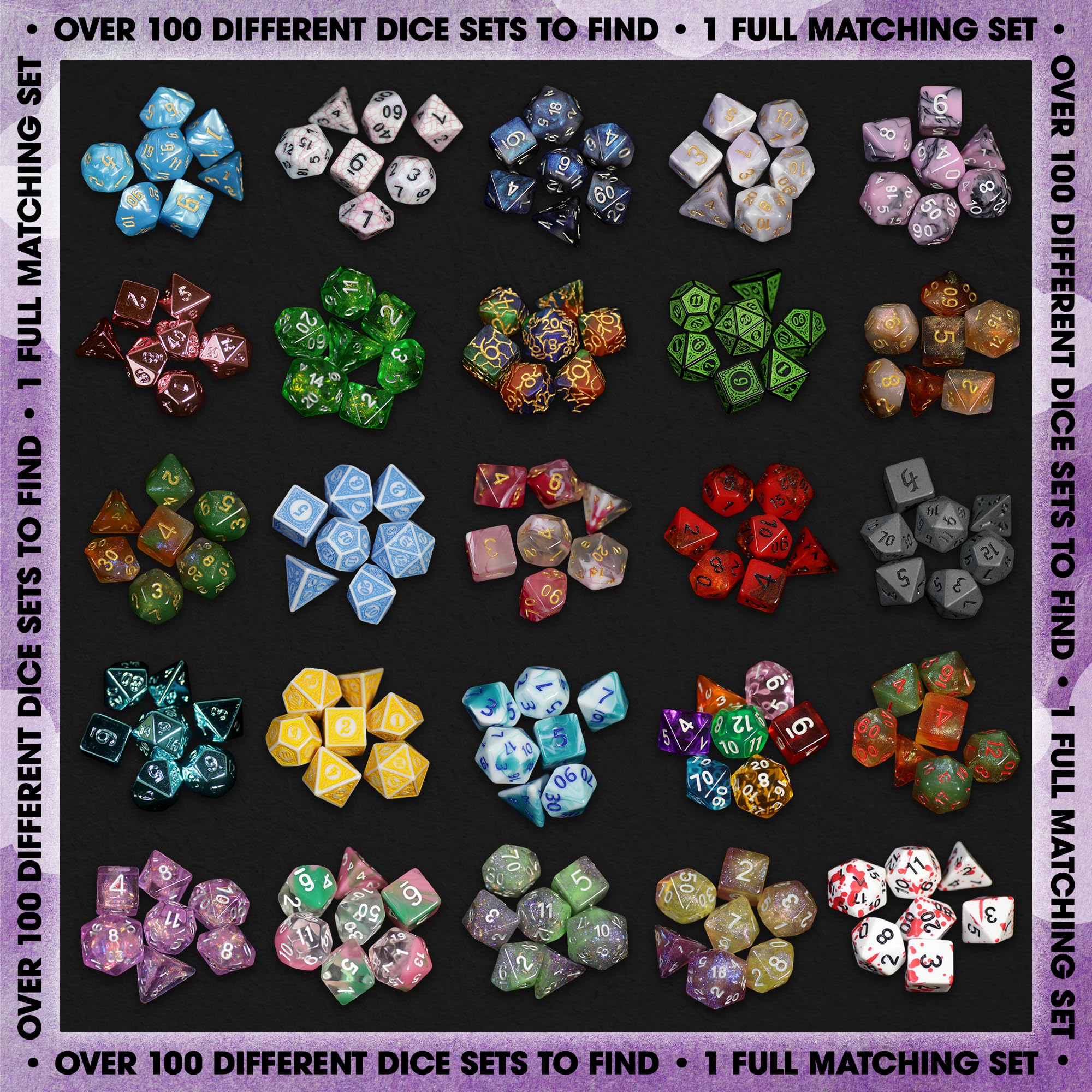 Seven polyhedral dice close-up showing varied patterns for strategy