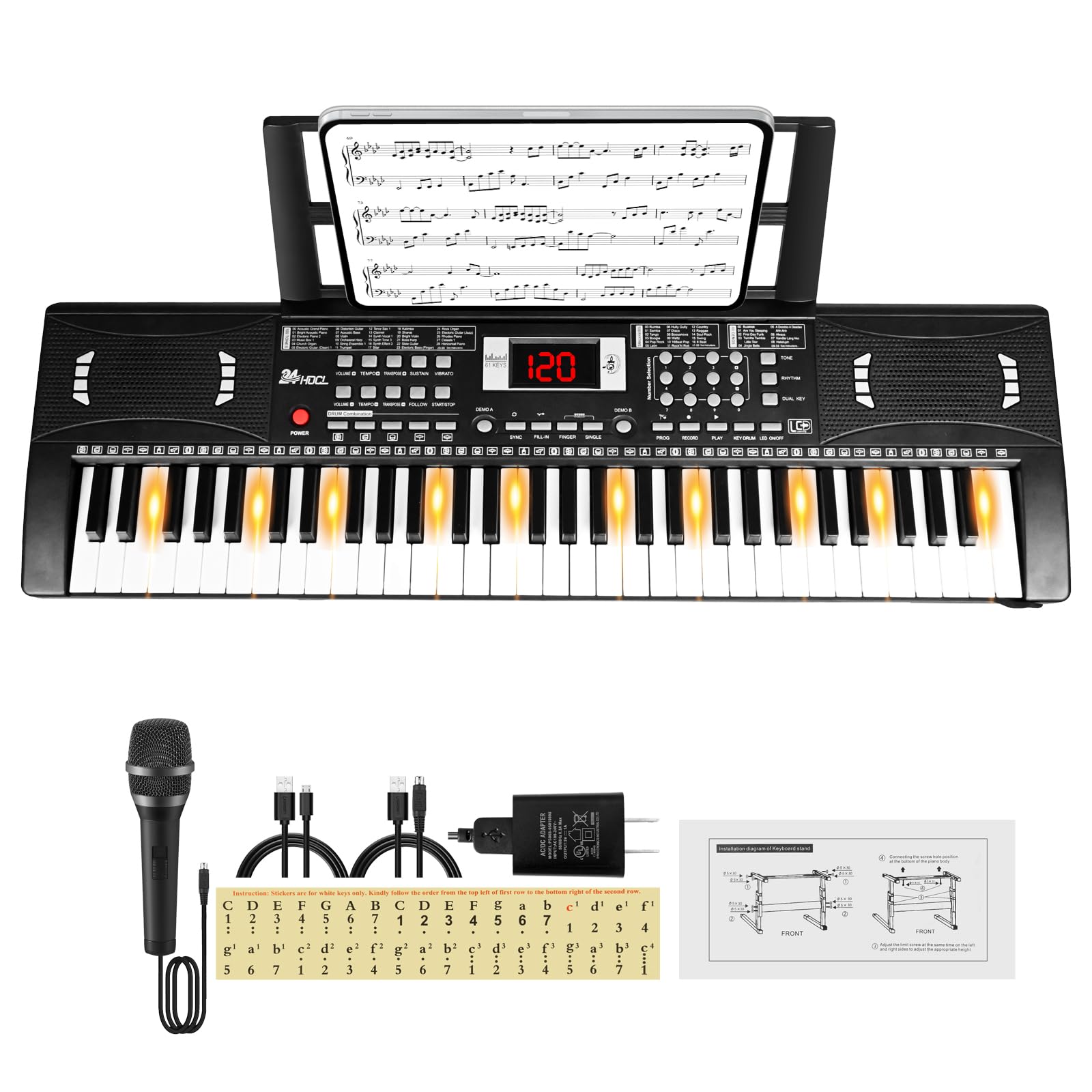 24HOCL 61 lighted keys illuminate notes to guide beginners