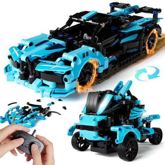 28°C STEM remote car building kit assembly shows a dual-model design for creative play.