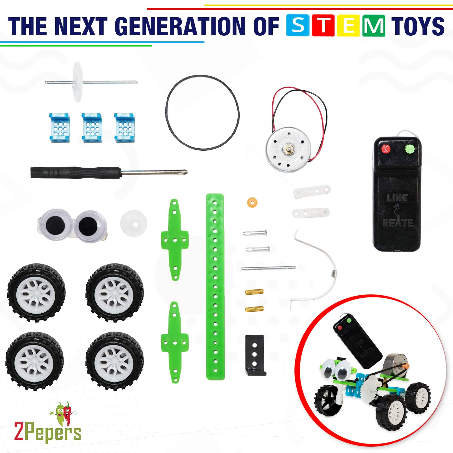 2Pepers robotic car kit on a desk showing wheels and moving parts